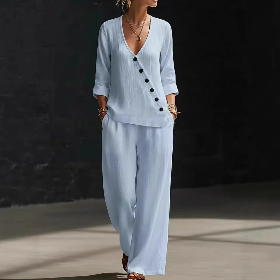 V-neck Long Sleeved Diagonal Buckle Shirt T-shirt High Waist Pocket Wide Leg Pants 2-piece Set Women's Summer New Versatile Suit