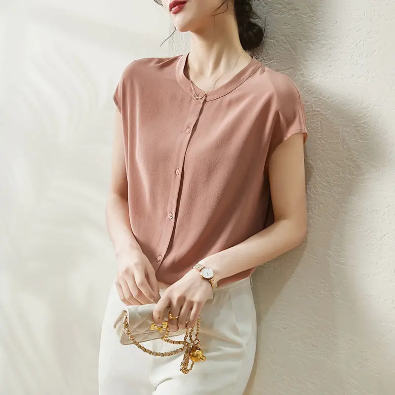 Women Summer Simplicity Loose Elegant Solid Color O-neck Short Sleeve Chiffon Shirts Women Clothes Casual Appear Thin Trend Tops