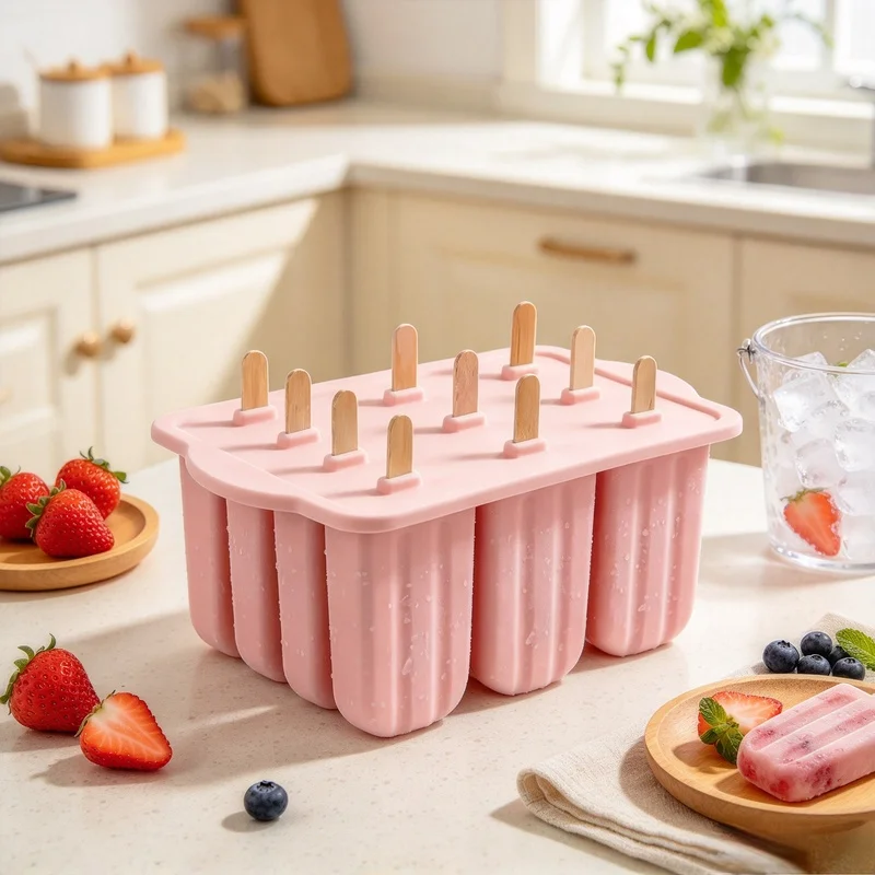 12 Cavity Silicone Ice Pop Molds, Freezer Homemade Popsicle Trays with 50Pcs Wooden Popsicle Sticks