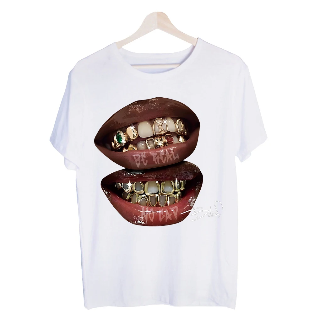 Men's Mouth with Grillz Graphic Tee, Short Sleeve Crew Neck T-Shirt for Urban Streetwear and Casual Outfits
