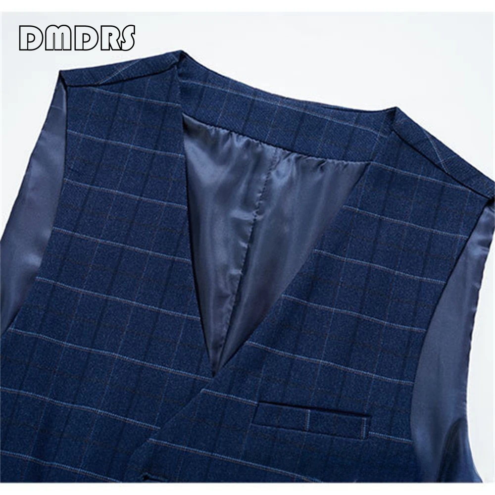 Classy Slim Fit Suit Set for Men Three Pieces Navy Plaid Smart Formal Tuxedo Jacket Vest Pants Tux Set Wedding Party Outfit