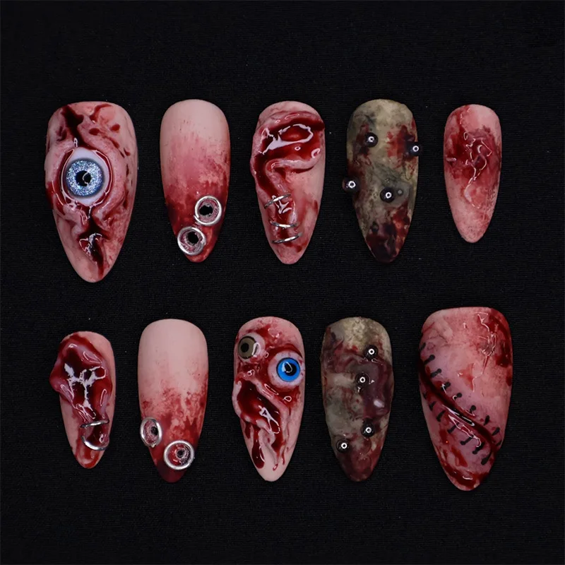 

24PCS Halloween False Nails with Glue 3D Bloodstained Eye Ball Designs Red Gradient French Fake Nails Wearable Almond Nail Tips