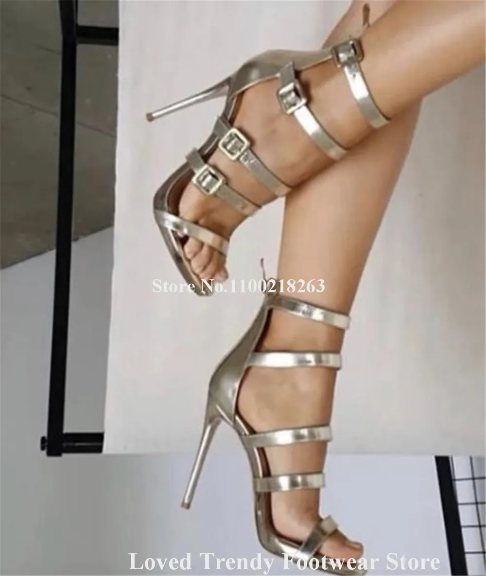 Silver Patent Leather Straps Thin Heel Gladiator Sandals Open Toe Buckles Stiletto Heel Dress Shoes Party Pumps Big Size