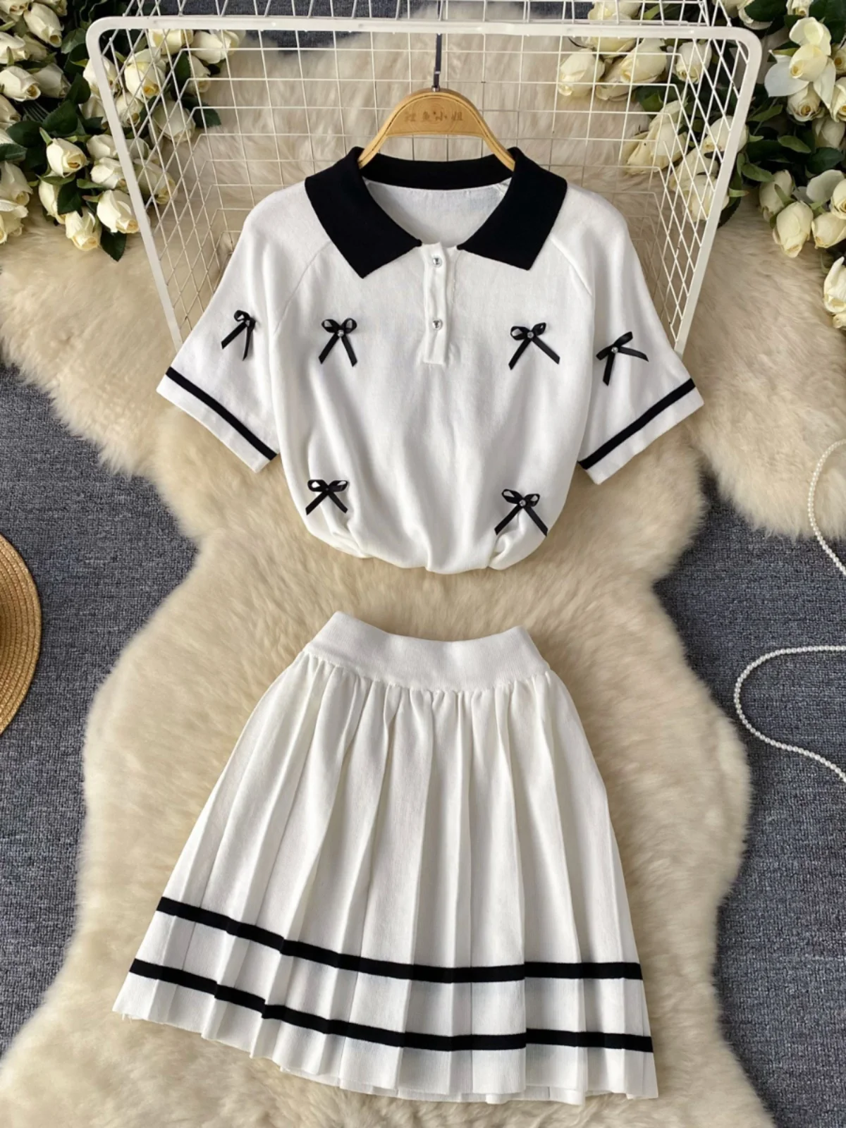 Foamlina Casual Women Summer Knitted 2 Pieces Set Color Match Polo Collar Short Sleeve Top and Elastic Waist Pleated Skirt Suits