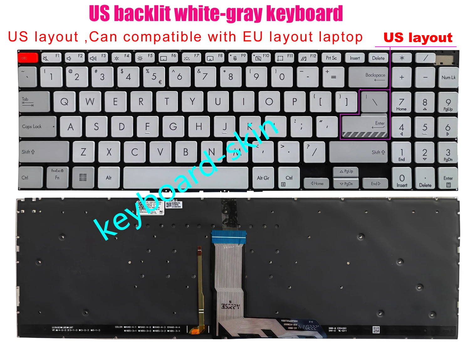 New US white-gray backlit Keyboard for ASUS Vivobook M3500 M3500QC M7600 M7600QE M7600R M6500 M6500R K6500 K3500 K6500Z X3500P