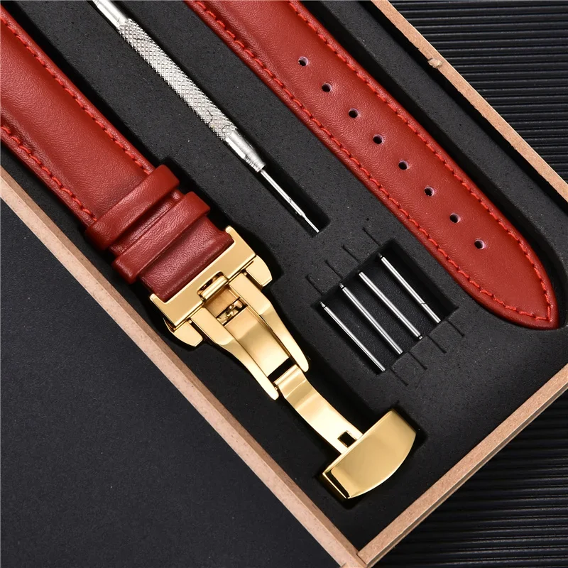 Genuine Leather Watchbands 16mm 18mm 20mm 22mm 24mm Universal Watch Butterfly Buckle Band Steel Buckle Strap Watch Band With Box