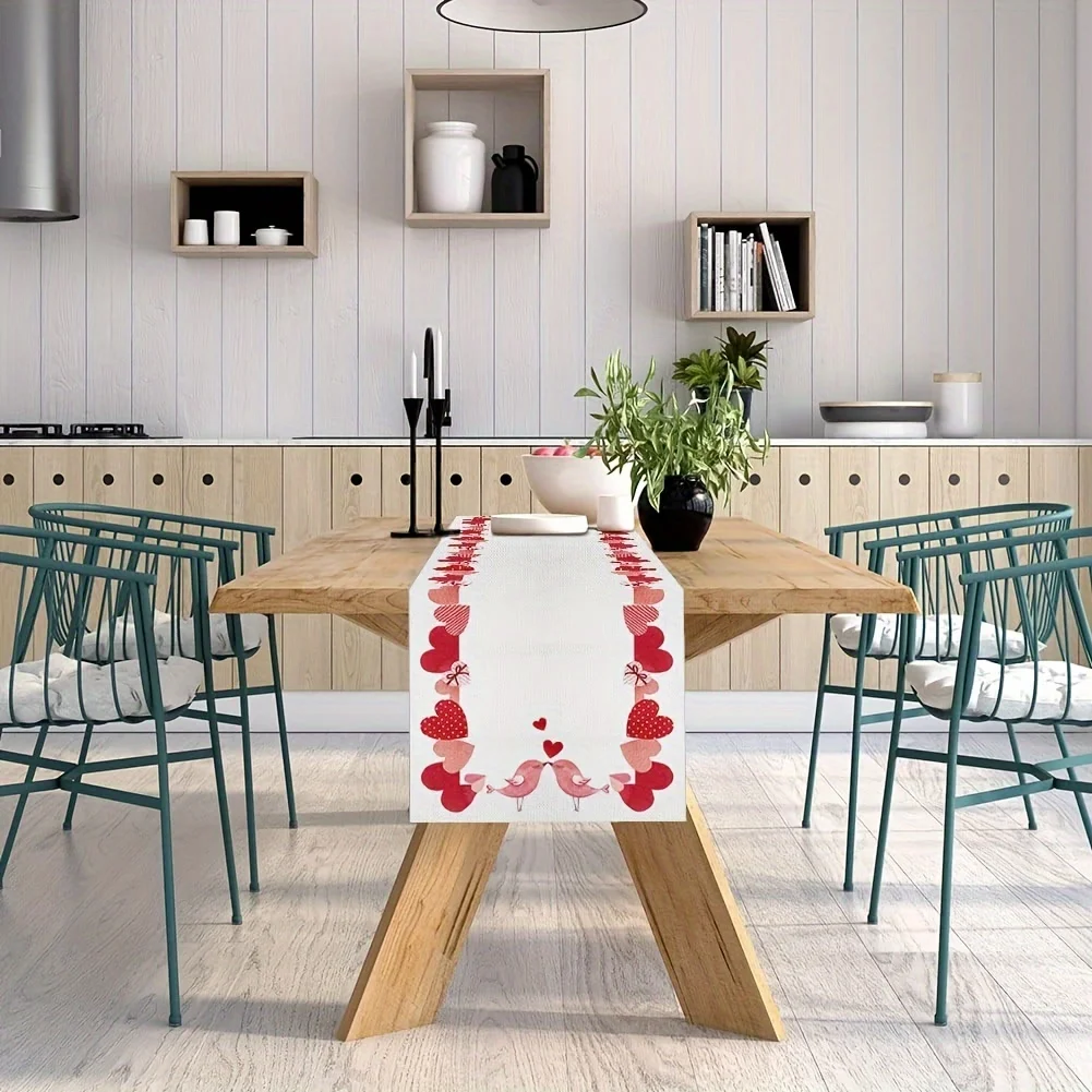 1 Piece of Table Runner with a Heart-Shaped Bird Kissing Design, Suitable for Dinner Parties, Holiday Parties, Family Gatherings, Children's Activities, Themed Cafes, Home Decoration, Christmas Markets, Cozy Tea Parties