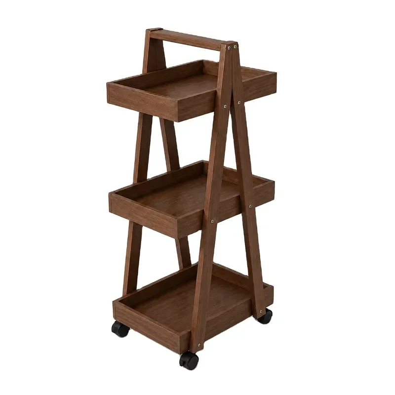 Custom 3 Tier Bamboo Storage Cart A Frame Folding Rolling Rack Slim Mobile Shelf With Wheels For Home Kitchen Organization A