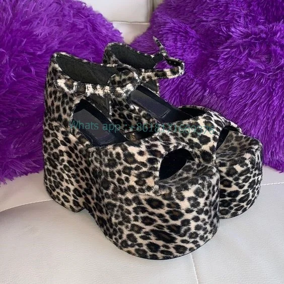 Slingback Leopard Platform High Heel Sandals Women Fashion Fur Peep Toe Buckle Wedges Sandals 2022 Cute Dress Lady Shoes