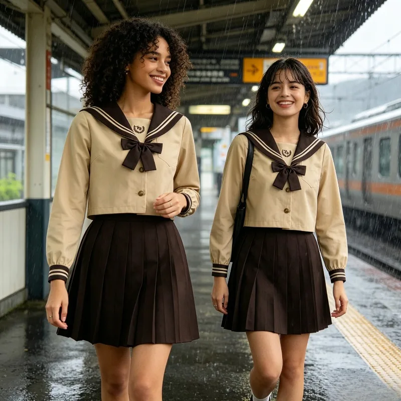 Khaki Brown Sailor Uniform Set, Navy Collar, Brown Line, Collar, Shirt, Bow Accessories, College Style, Girl, Student Full Set