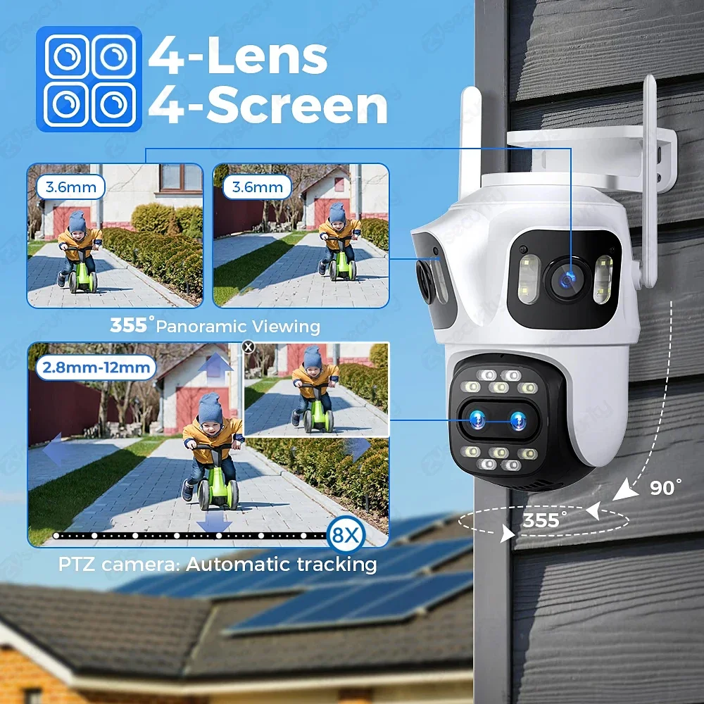 HD Outdoor WiFi Surveillance Camera 4 Lens 4 Screen 8X Hybrid Zoom IP PTZ Camera Ai Auto Tracking Video Surveillance CCTV Camera