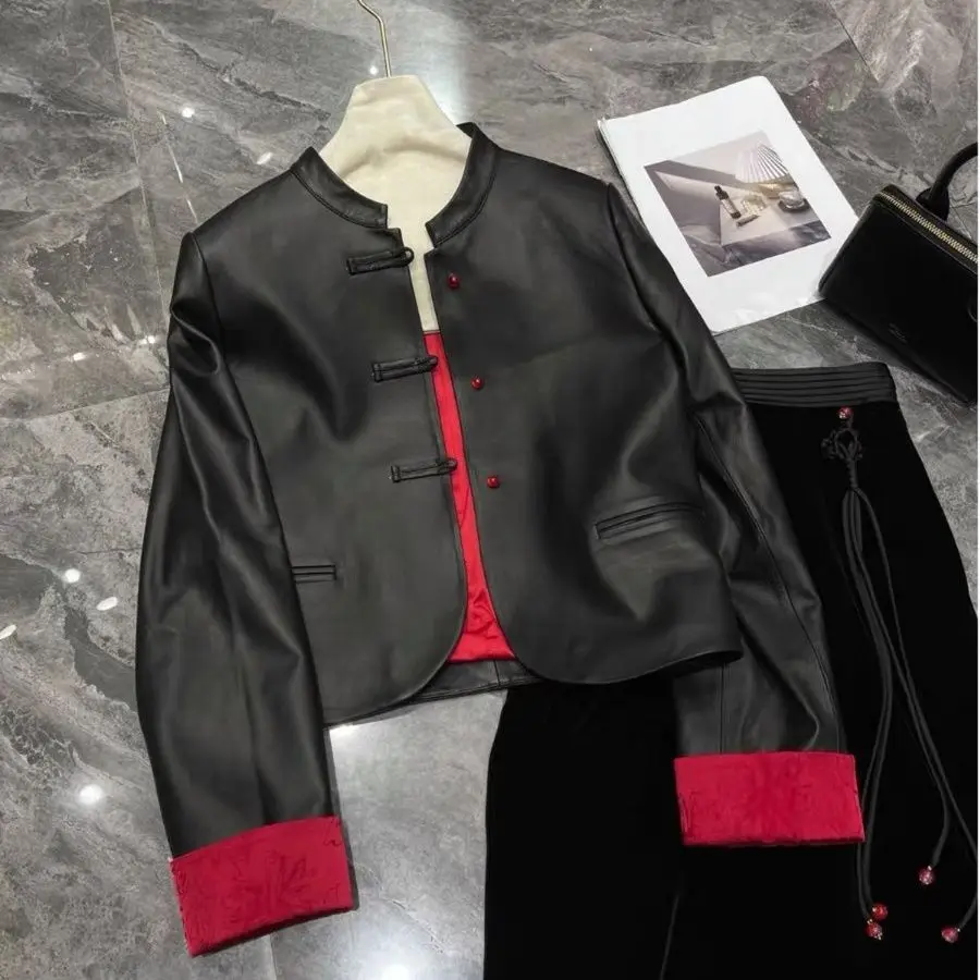 New Chinese style, high-end sense, super good-looking black leather jacket, women's 2025 design sense niche top