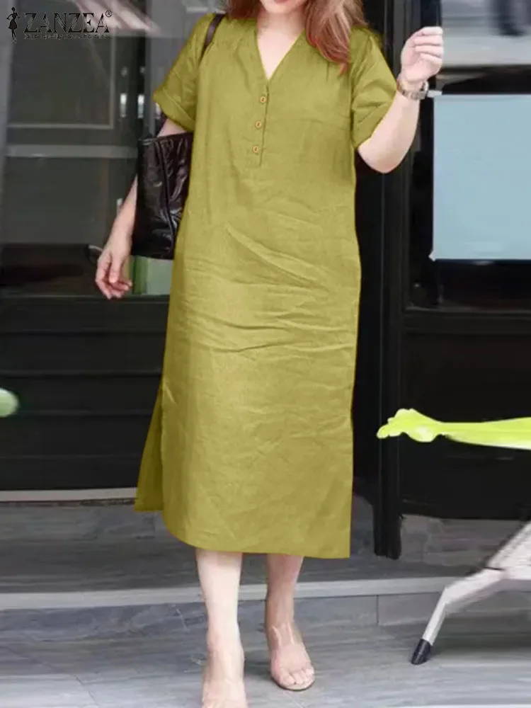 Summer Women Shirt Dress 2024 ZANZEA Fashion Midi Vestidos Buttons V-neck Casual Loose Solid Color Party Sundress Oversized Robe