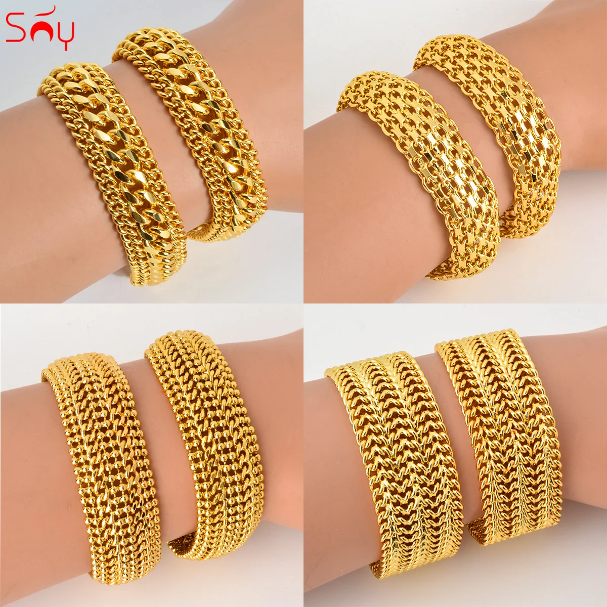 Sunny Jewelry-pulsera de eslabones Unisex, brazalete chapado en oro de 18K de 12MM-20MM de ancho, doble tejido, Curb