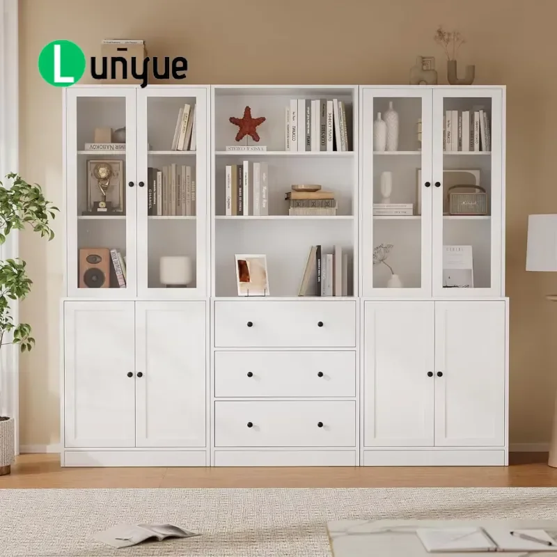 Modern 6 Tier Wooden Bookcase with Glass Doors and 3 Large Drawers Space Saving Versatile Storage for Home Office Restaurant