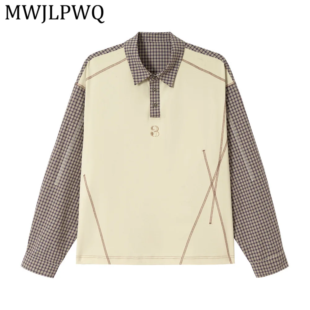 

Мужская рубашка MWJLPWQ в стиле пэчворк с цветными блоками и клетчатым узором, с отложным воротником, длинным рукавом, весенний пуловер, повседневный топ, модный дизайн 13294