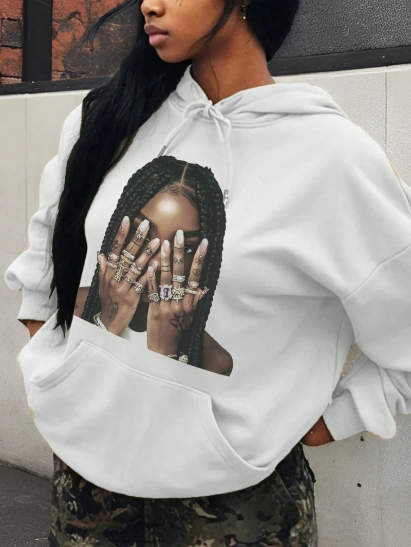 

Fashionable black woman Prints Hoodies Womens Winter Casual Loose Hoody Fleece Warm Pocket Tops Pullovers Street Womans Clothes