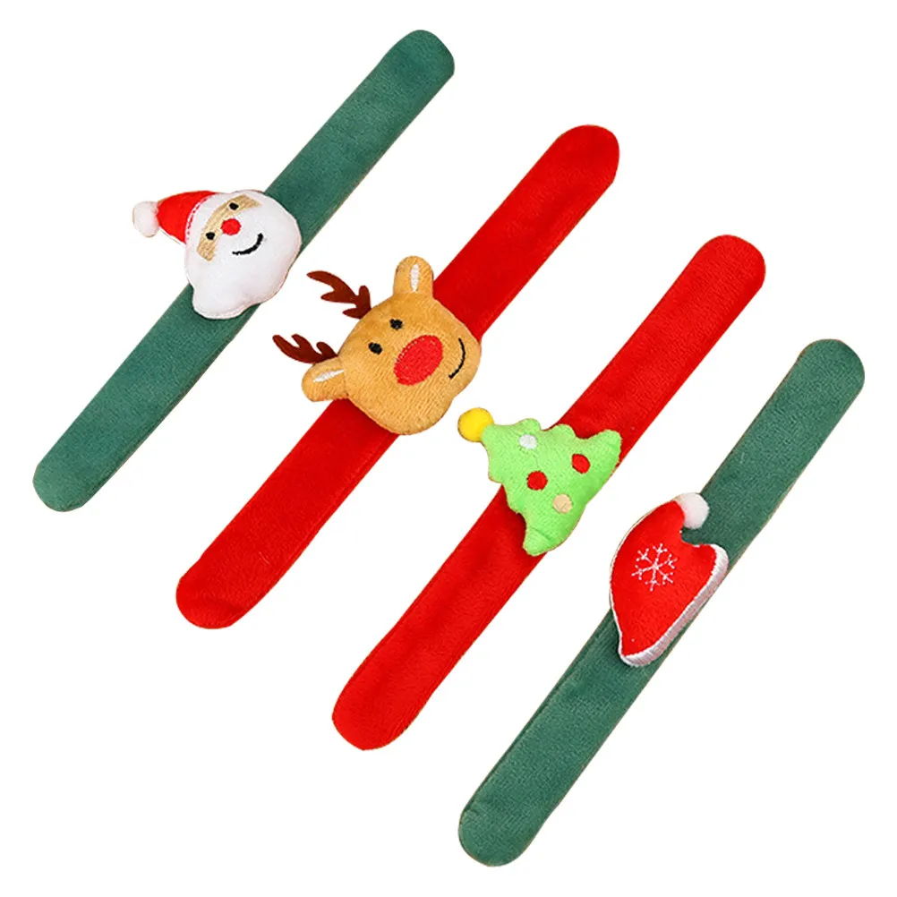 

4Pcs Slap on Bracelet Christmas Hand Ring Set Kids Fashionable Cloth Wristband Snowman Santa Tree Deer Hat Decoration Gift