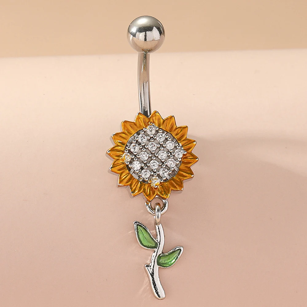 Surgical Steel Green Flower Zircon Belly Button Rings Butterfly Water Droplets Dangled Navel Ring Piercing Nombril Body Jewelry