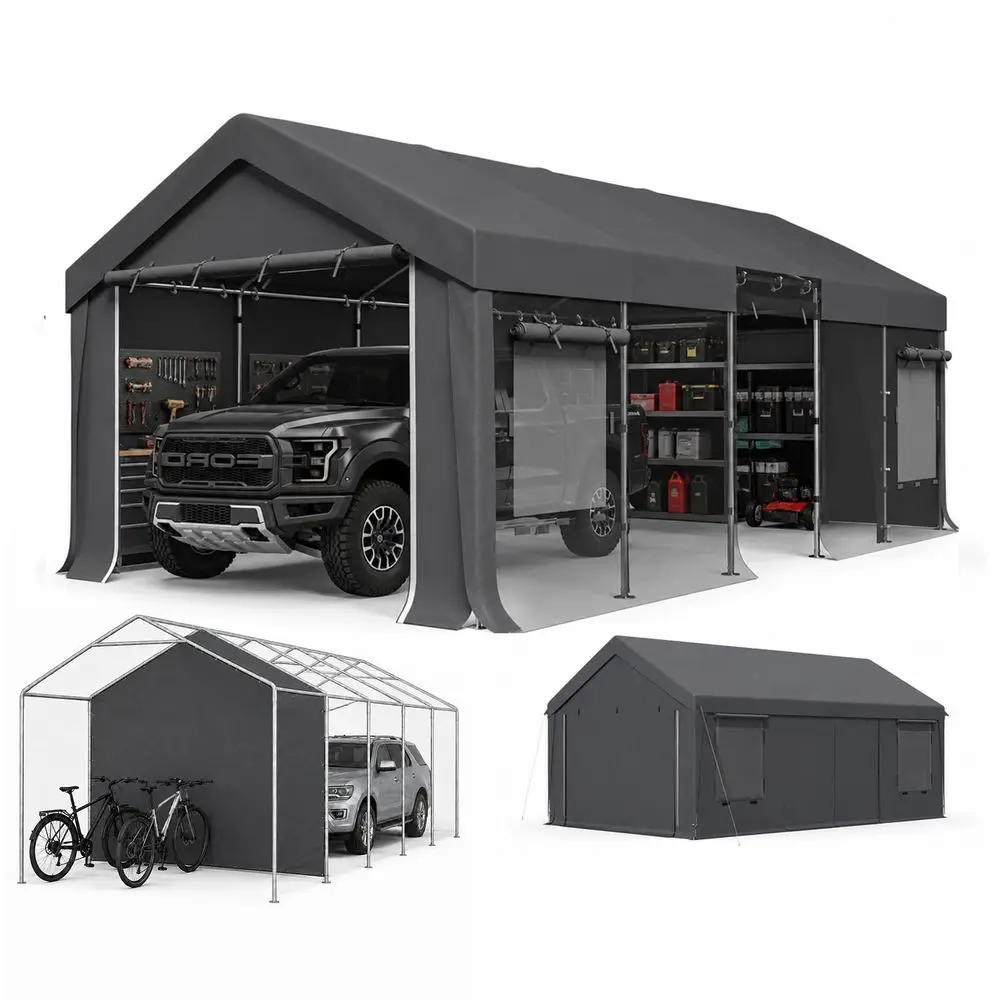 13x24 FT Heavy Duty Carport, Portable Garage with Sidewalls, Gray