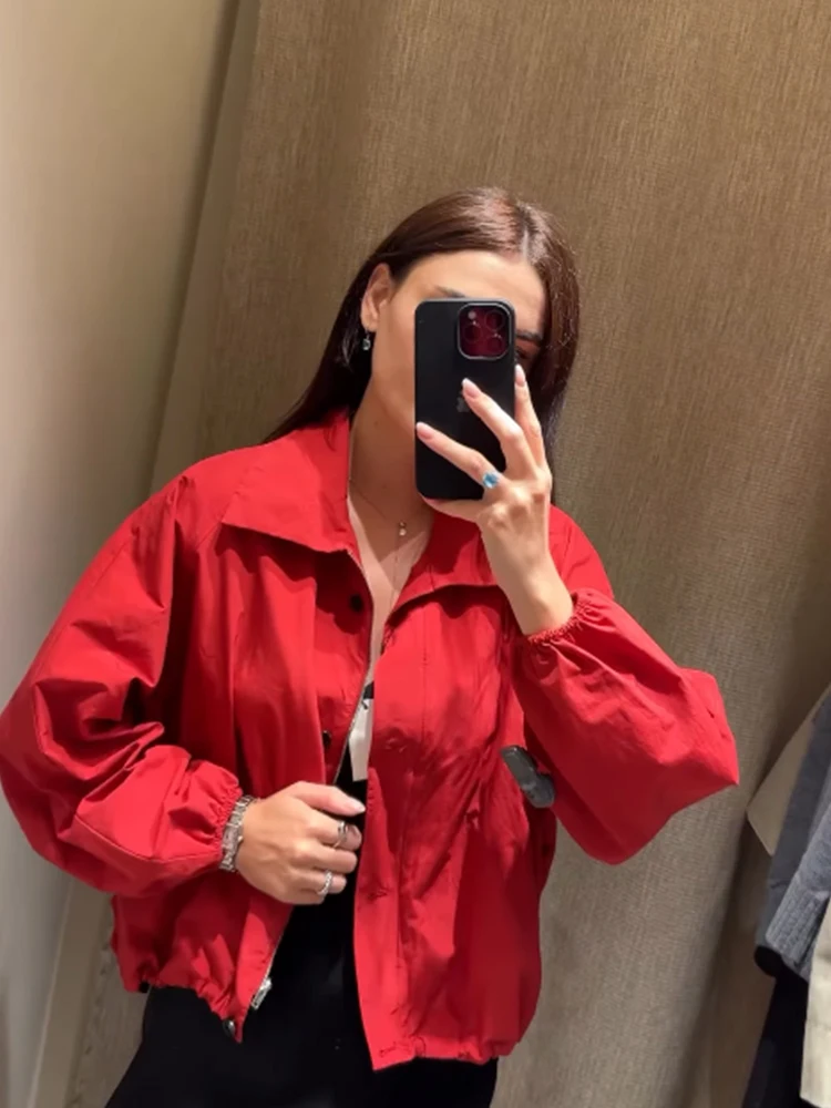 

2025 Autumn Lady All-match Outerwear Casual Red Short Women's Stand Collar Jackets Long Sleeve Zipper Button Pleated Coat