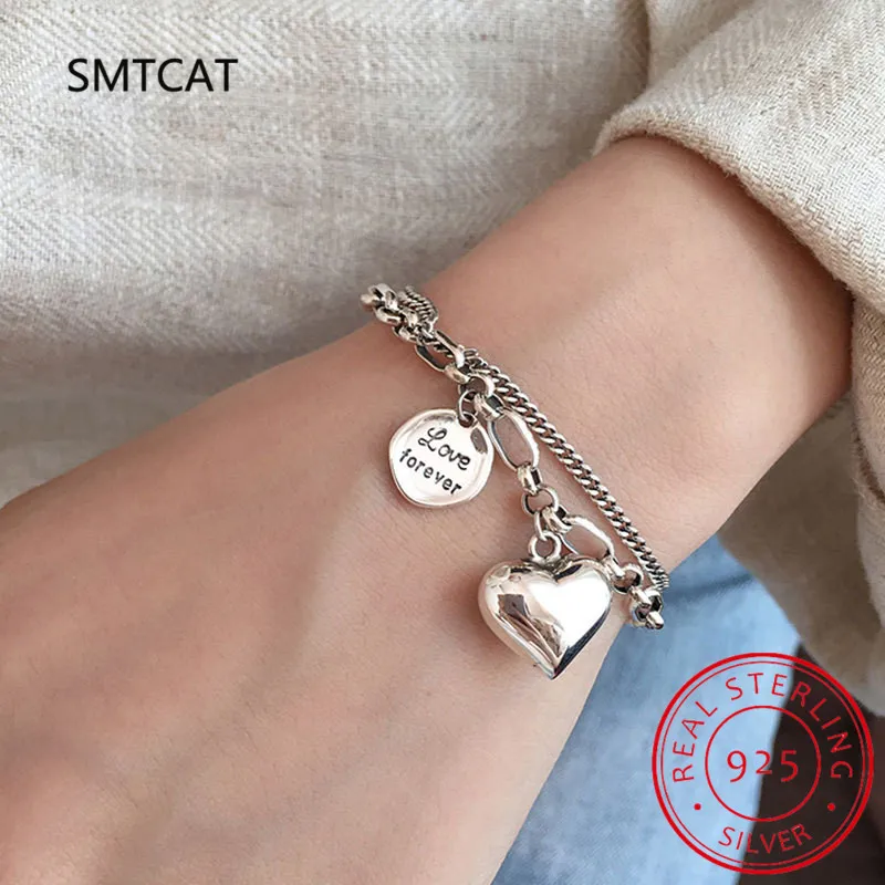 Elegant 925 Sterling Silver Love Letter Heart Double Layer Bracelet Female Unique Design Thai Silver Retro Light Luxury Jewelry