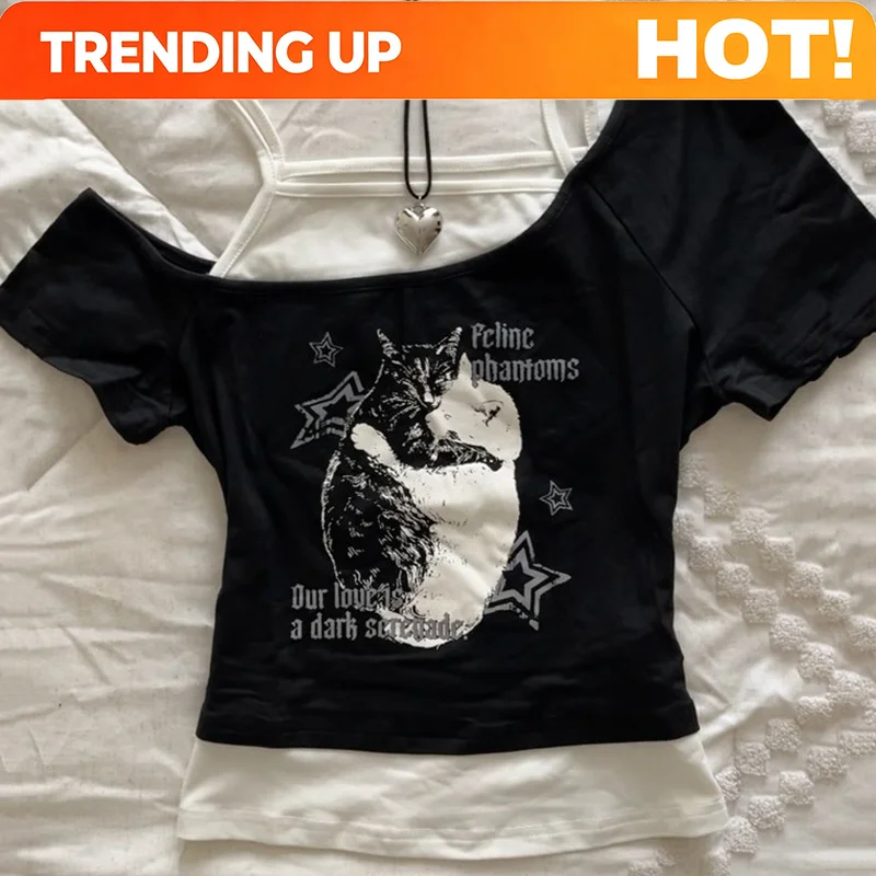 Asthetische Goth Fledermaus Brief Y2K Stil zweitelige T-Shirt Kurzarm Weste Harajuku Streetwear Hosentrger Frauen Kleidung Shirt