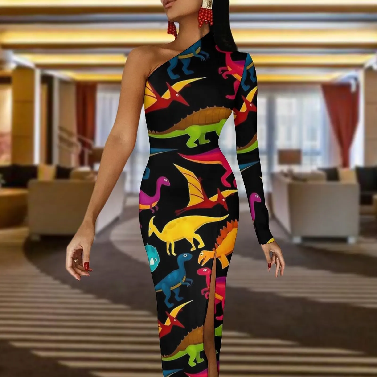 Bonito dinossauros bodycon vestido mulher cor animal elegante maxi vestido de manga longa estilo rua vestidos personalizados presente aniversário