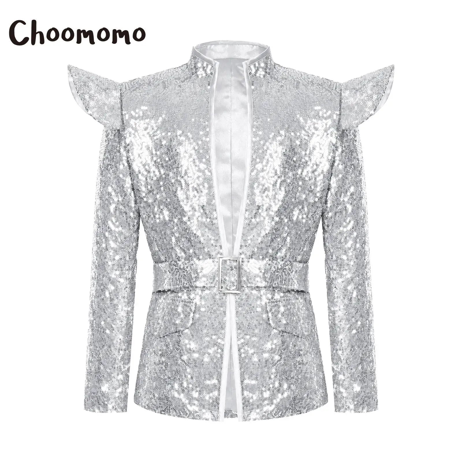Kids Boys Shiny Sequins Jacket Disco Hip-hop Jazz Dance Costume Streetwear Long Sleeve Shoulder Pad Blazer Coat And Belt Outwear
