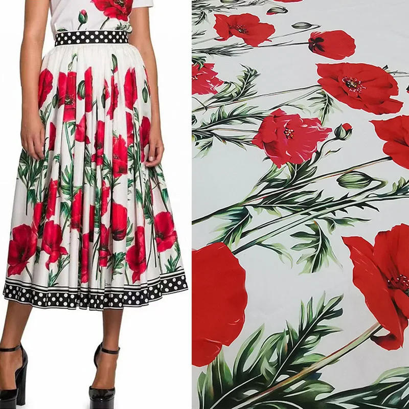 Europe And America Dot And Red Flower Printed Cotton Or Satin Fabric For Woman Summer Dress Blouse Pants Handmade DIY Cloth