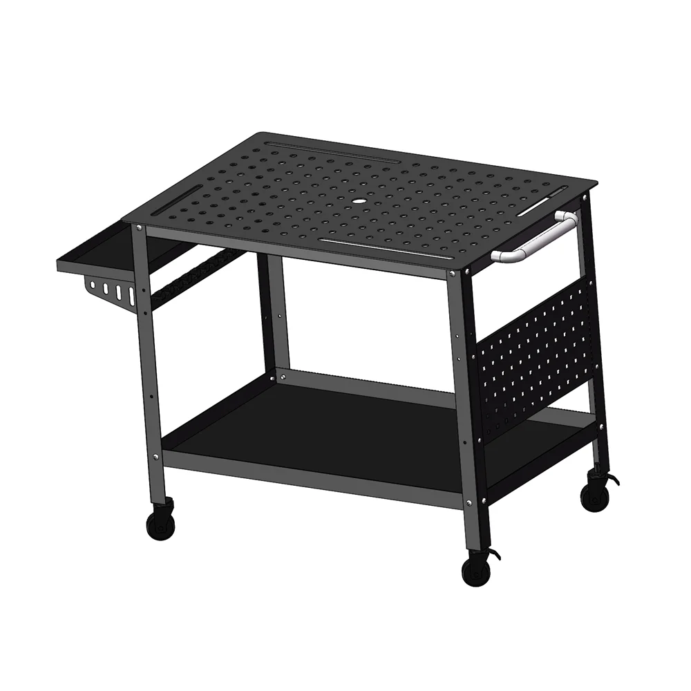 Metal Welding Workbench With Side Tray Handles 36 X24 Inch With Wheels Double Storage Panel, 161 5/8 Inch Fixing Holes, 11 Hooks