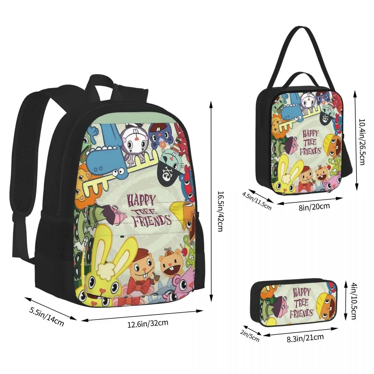 Happy Tree Friends Mochilas para meninos e meninas, Bolsas escolares para estudantes, Mochila dos desenhos animados, Lunch Bag, Pen Bag, 3 Piece Set