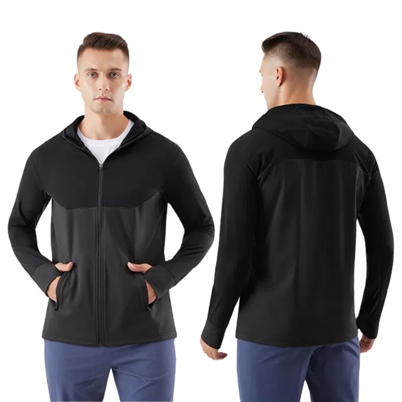 Autumn And Winter Outdoor Fleece-lined Sports Jacket Men's Stitching Windproof Warm Riding Sweatshirt Hooded Fitness Sportswear