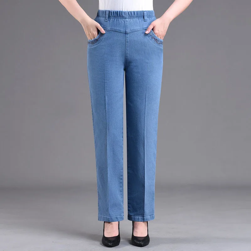 Imagem -04 - Grande Básico Calças de Brim de Cintura Alta Feminina Mãe Calças Jeans Primavera Outono Senhoras Cintura Elástica em Linha Reta Calças de Brim Soltas 5xl Tamanho