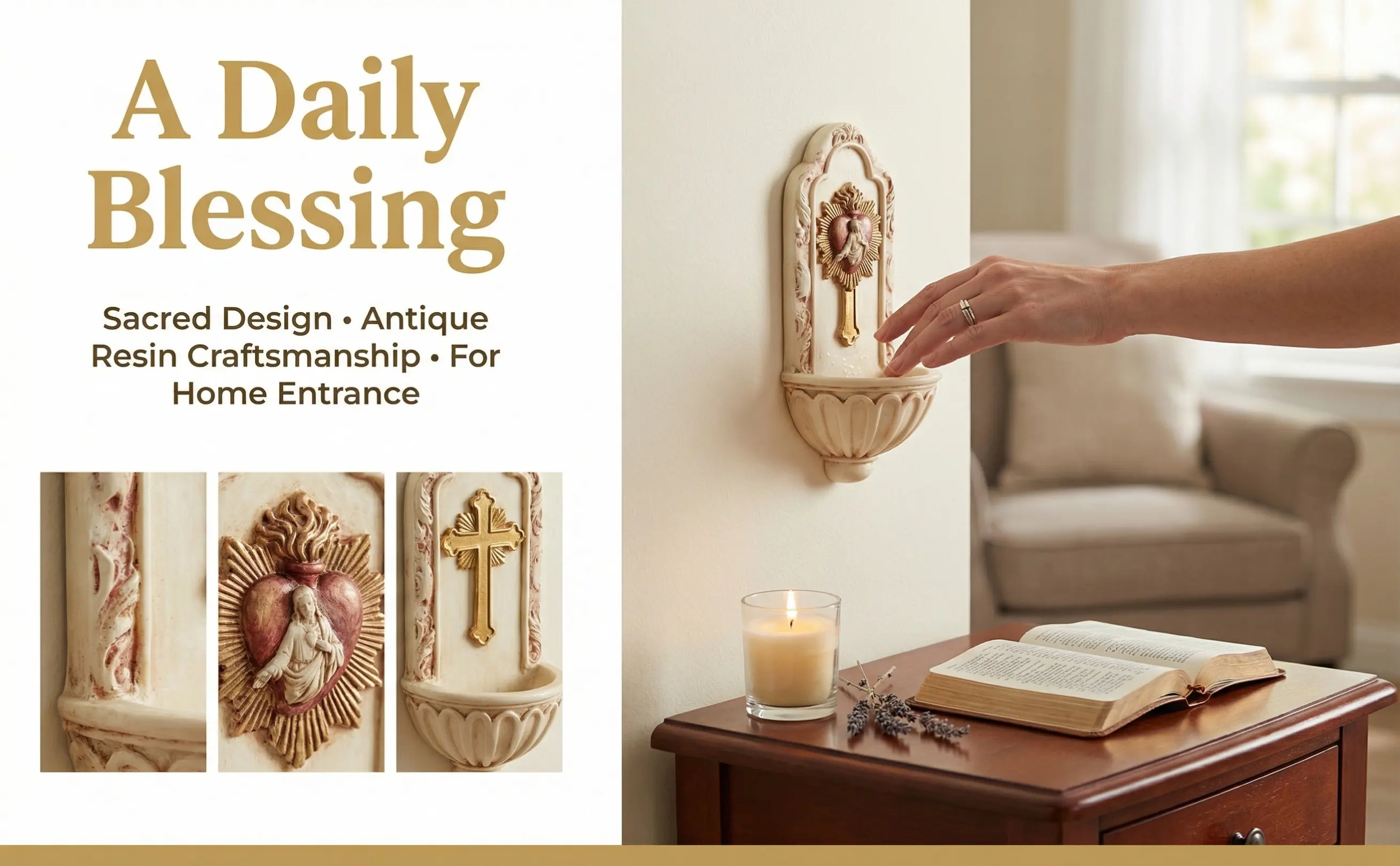 2Pcs Holy Water Font Wall Hanging Decor Resin Catholic Religious Decor Elegant Interior Accent for Living Room Bedroom Entry