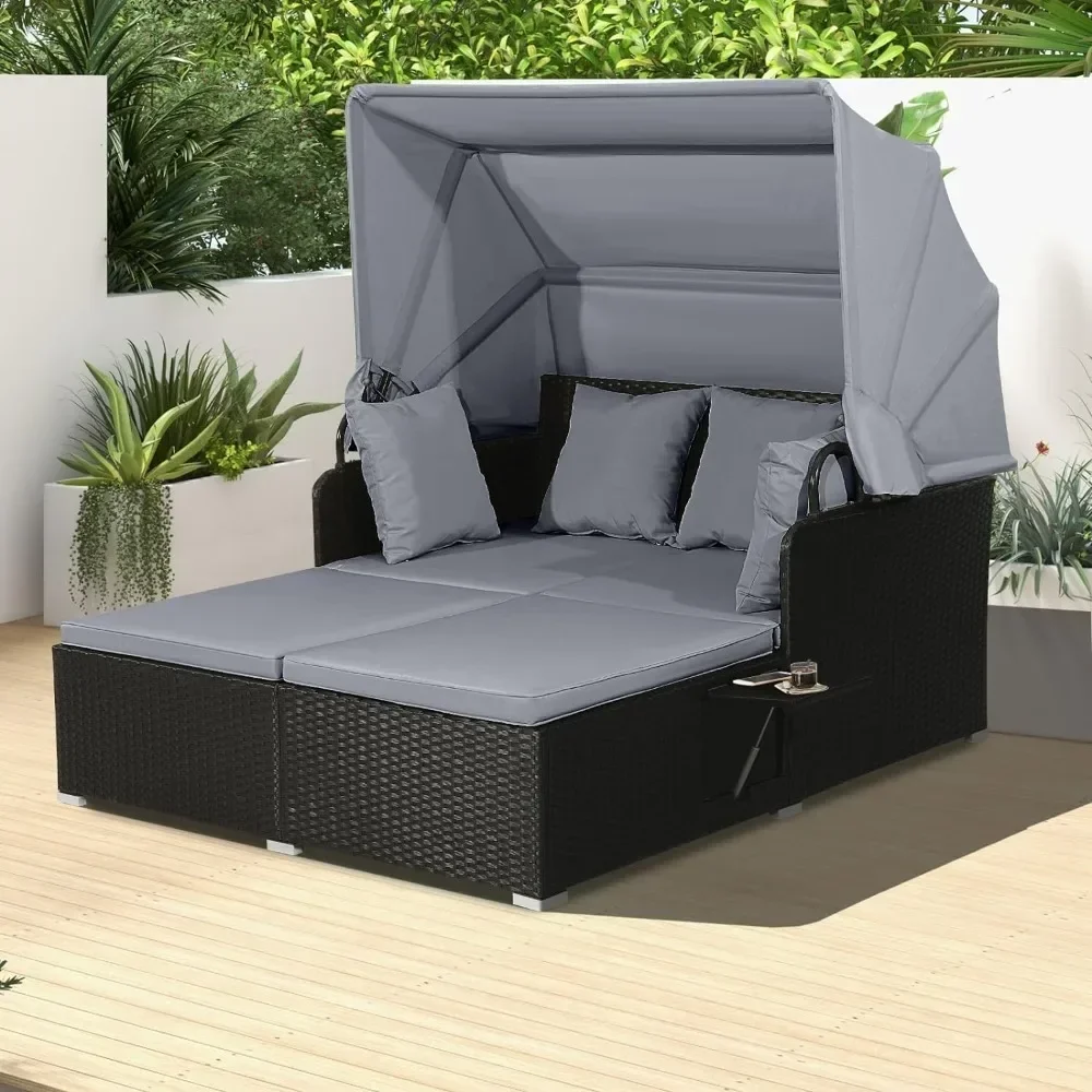 Garden Furniture Sets, Outdoor PE Rattan Lounge Daybed with Retractable Canopy & 2 Folding Side Trays, Patio Furniture Set