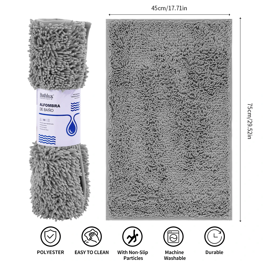 

BATHLUX Premium Soft Chenille Bathroom Mat Ultra Absorbent Non-Slip Quick Dry Machine Washable Bath Rug for Shower Toilet Floor