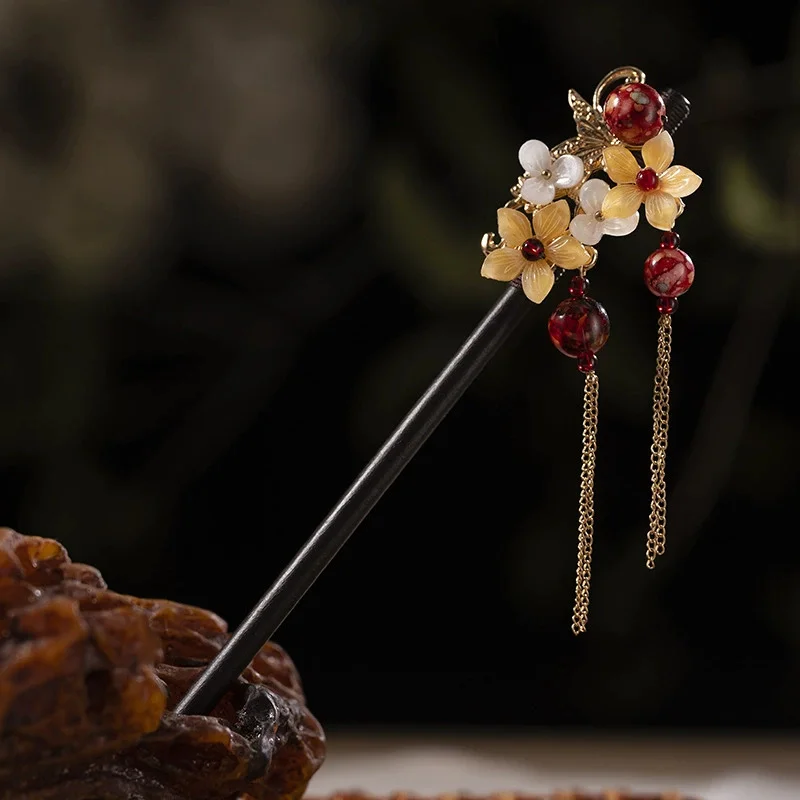 1Pc Wooden Hairpin Headwear for Women'S Chinese Style Flower Tassel Hair Sticks Headdress Elegant Hair Styling Accessories Gifts image 4