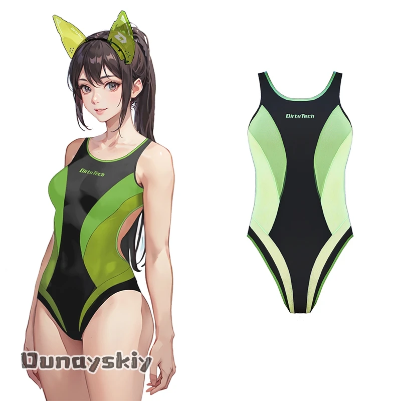 Japanese Sukumizu Cosplay Costume Green White One-piece Mesh Transparent Splicing Racing Swimming Suit Women Cyberpunk Swimsuit