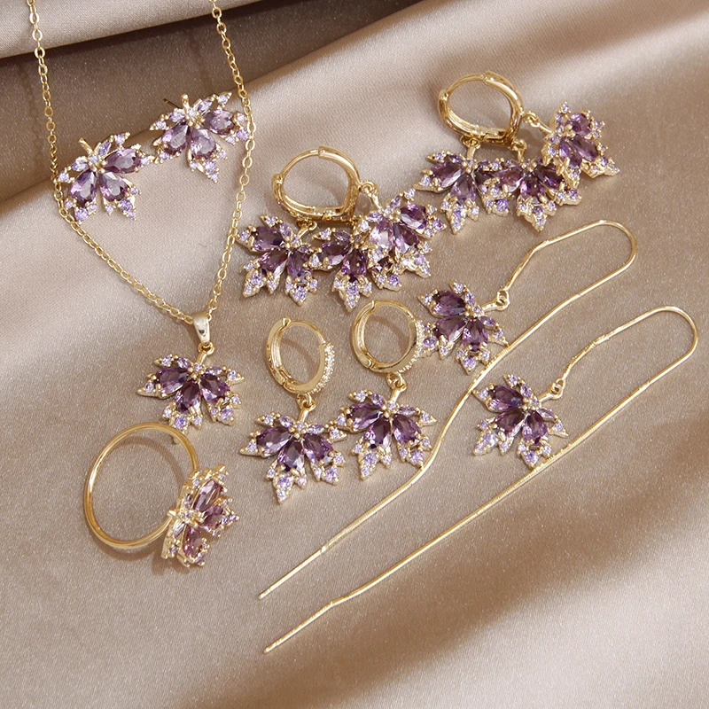 2023 New Purple Crystal Maple Leaf Stud Earrings for Women Fashion Brand Jewelry Set Adjustable Rings Chain Necklaces