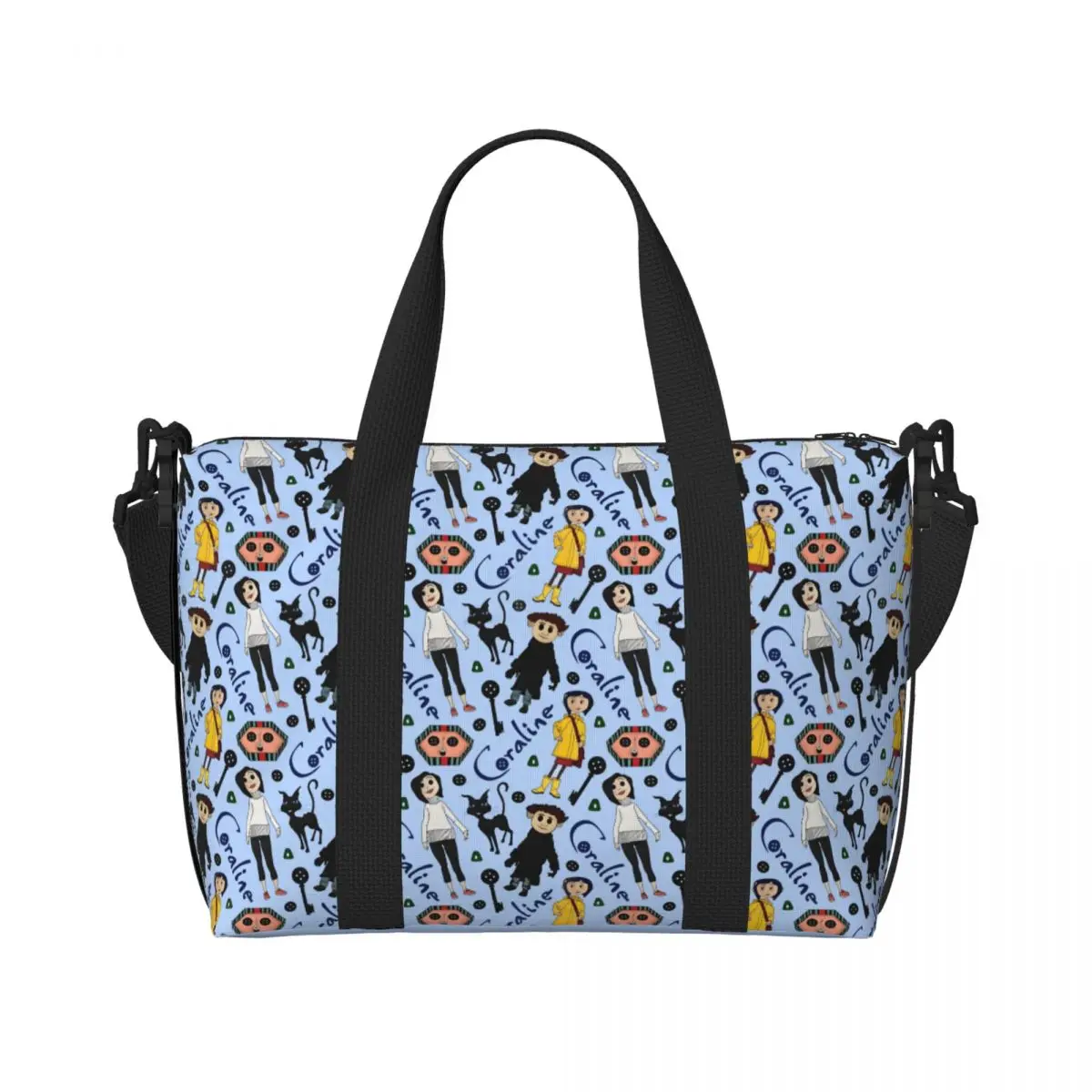

Пользовательские Coraline Beach Tote Bag Женские мультяшные пляжные дорожные сумки с большим отделением для спортзала