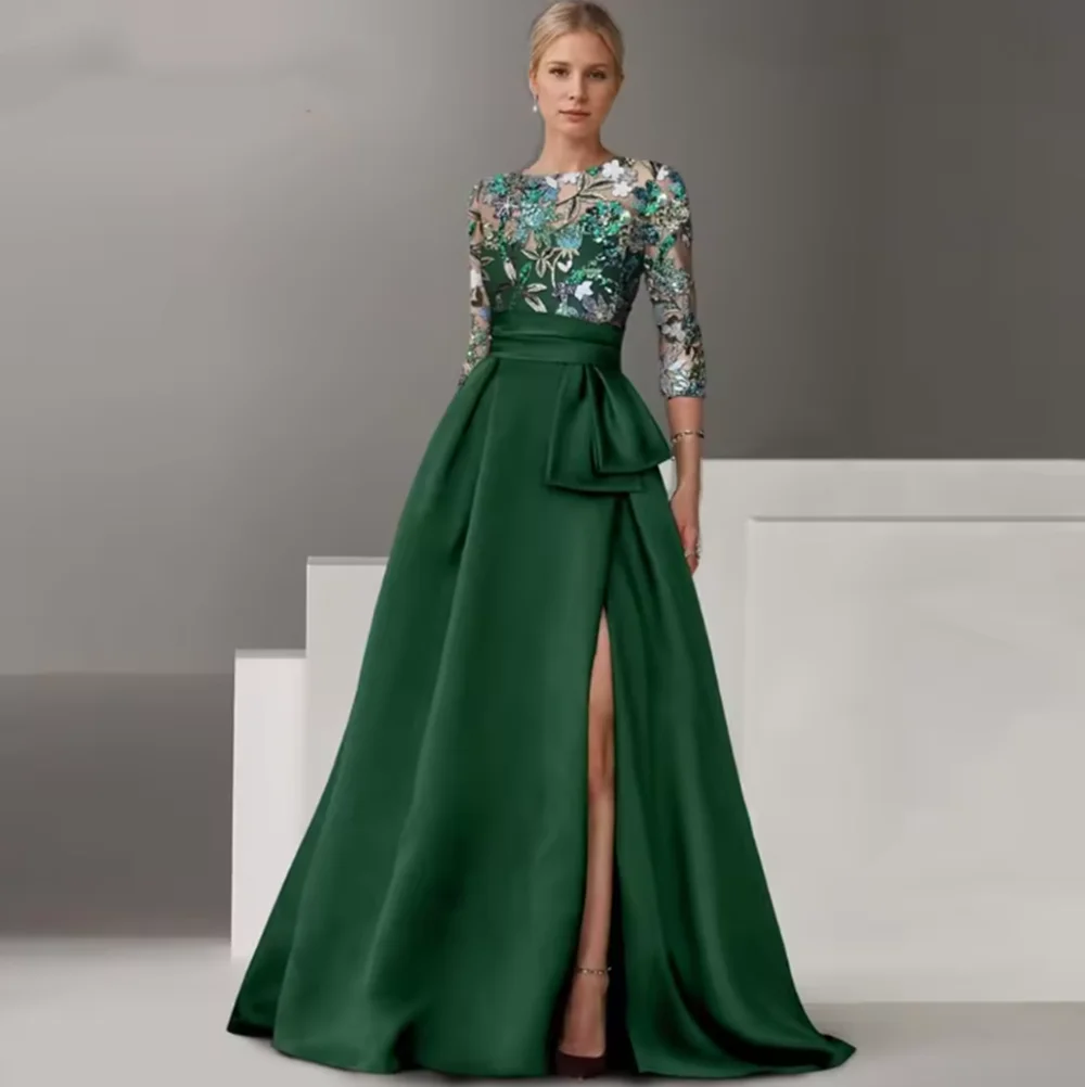 Modna sukienka dla matki panny młodej z okrągłym dekoltem, rozcięciem, krojem w kształcie litery A, aplikacjami kwiatowymi, marszczeniami, suknia wieczorowa damska, szyta na miarę.