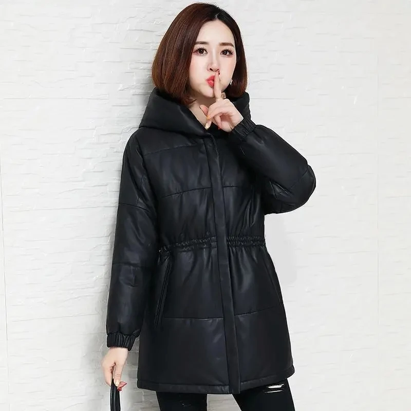 Black PU Leather Down Cotton Jacket For Women Mid-Length Hooded Thick Faux Leather Coat 2024 Autumn Winter New Windproof Outwear