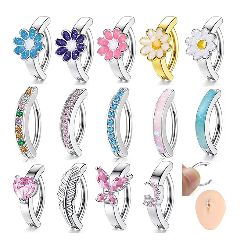 Flower Butterfly Heart Shape Belly Button Ring Rhinestones Navel Piercings Ring Reverse Curved Navel Barbell Body Jewelry