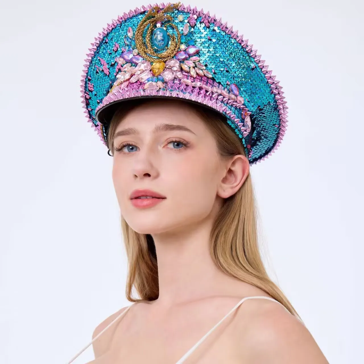 

HongLuan Music Festival Costume Hat, Captain Hats Rhinestone for Carnival Woman, Cosplay Female Accessories