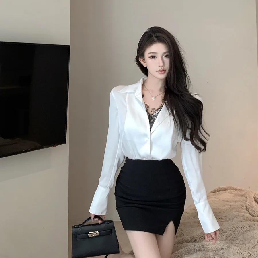 Retro Sexy Lace Splice V-Ne Long Sve Satin irt High Waist Bodycon  Skirt Women's Faion Set Winter Commute Sle