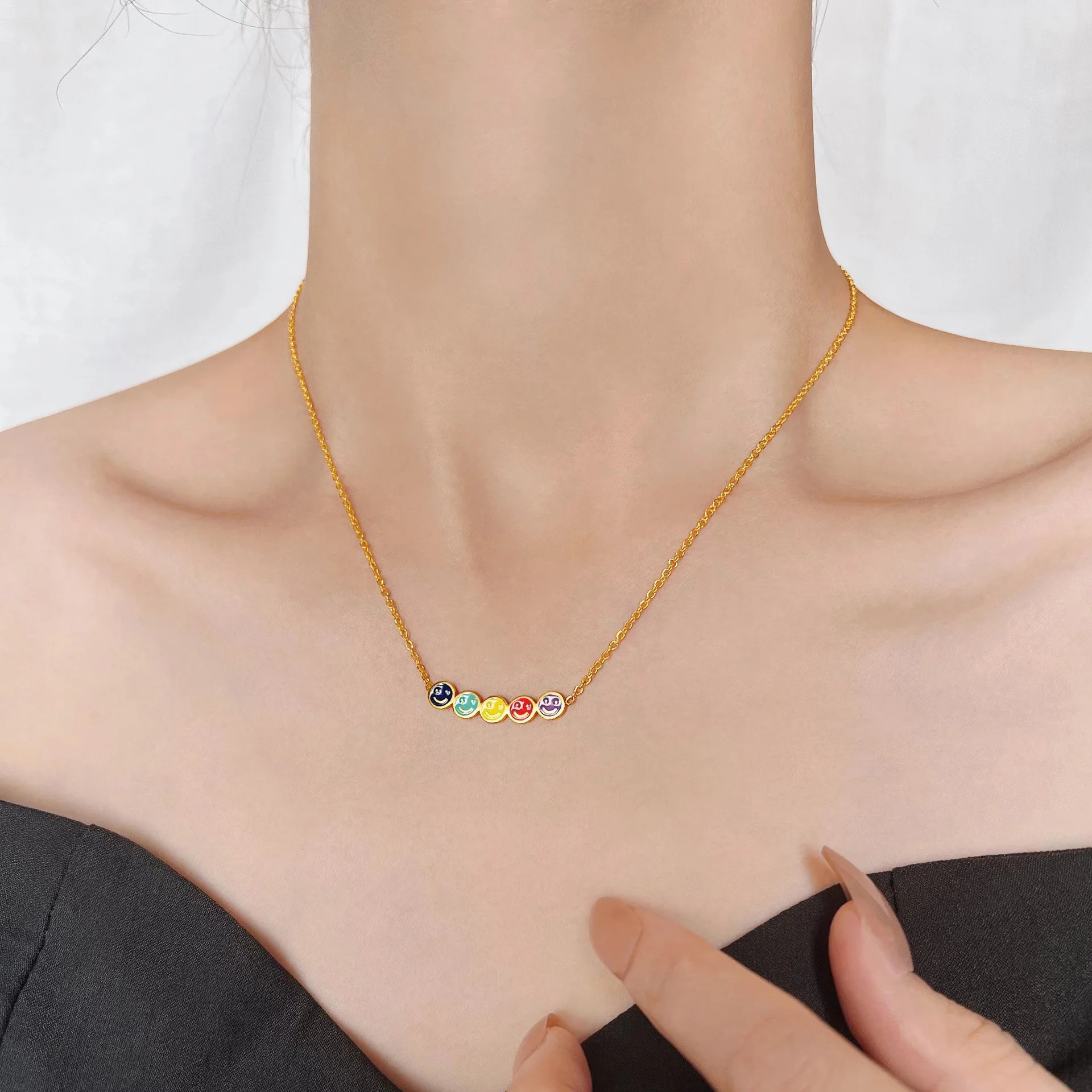 Ins Colorful Smile Face Necklace For Women Trendy Stainless Steel Gold Color Dripping Oil Chain Clavicle Necklace Jewelry Gift