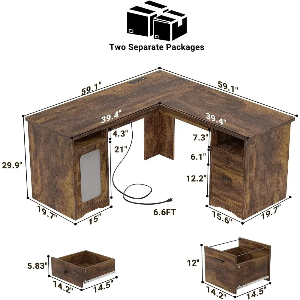 L Shaped Office Desk With Drawers, 60 Inch Corner Desk With Power Outlet And USB Charging Port, Large Computer Desk With File CM