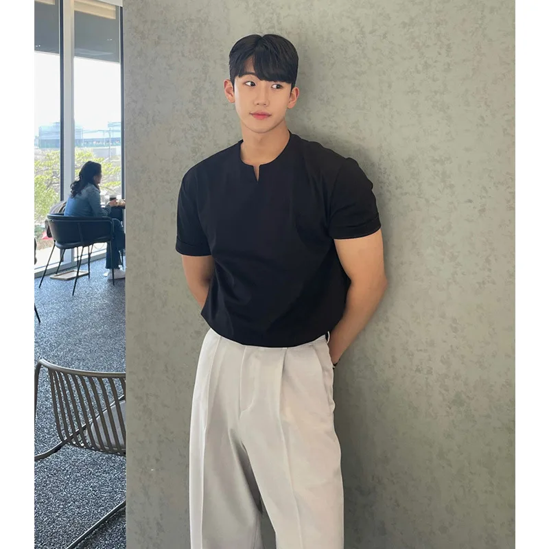 Summer Men's Loose Solid Half Zipper Casual Trendy Short Sleeve V-neck Polo Shirts Male New Fashion Waffle T-shirts Top Clothes