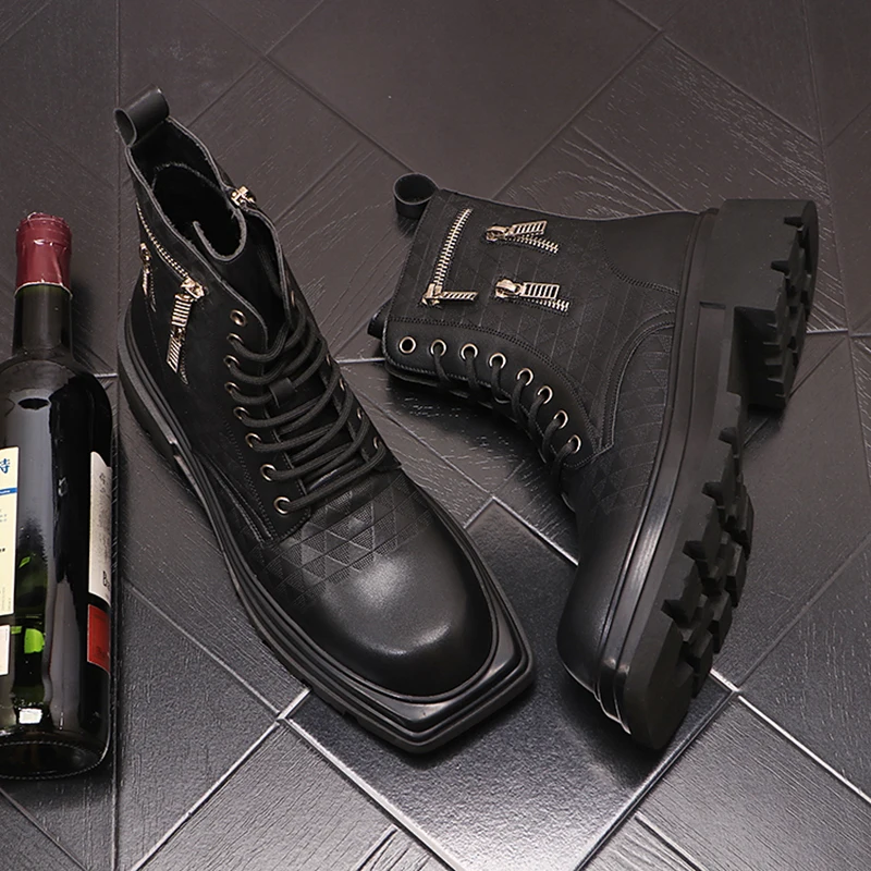 

men fashion stage nightclub dress genuine leather boots black trendy platform shoes cowboy high boot handsome motorcycle botas